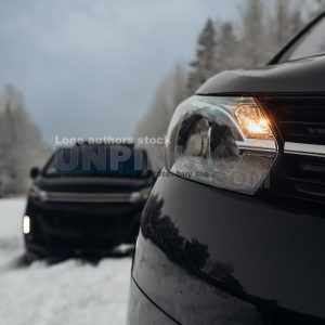 Headlight of modern luxury van. Close up detail shot