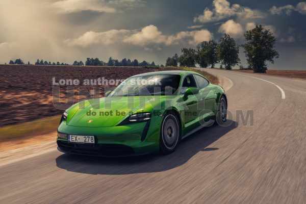 Porsche Taycan 4S Mamba Green in the motion