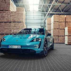 Porsche Taycan Turbo S Cross Turismo at the wood factory