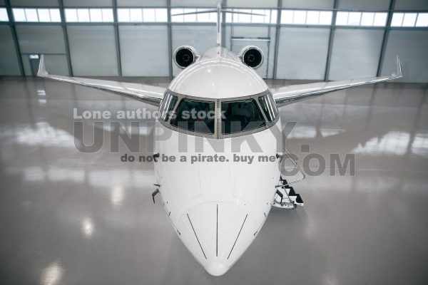 Private jet airplane at the huge white hangar waiting for maintenance or passengers