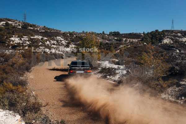 Rally car in the motion with the cloud of sands