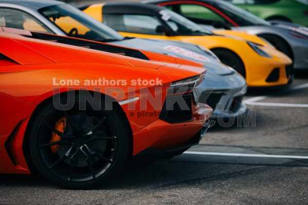 Supercars at the parking lot. Track day at the race track. Fast cars prepared for ride at the raceway