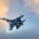 Modern tactical jet fighter at the sky