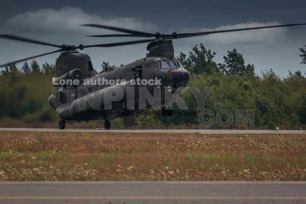 Boeing CH-47 Chinook military helicopter take off