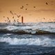 Big storm with huge waves and gulls behind lighthouse | ART