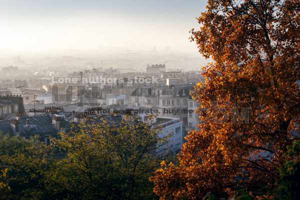 Foggy sunrise in Montmartre. Panorama of Montmartre Paris