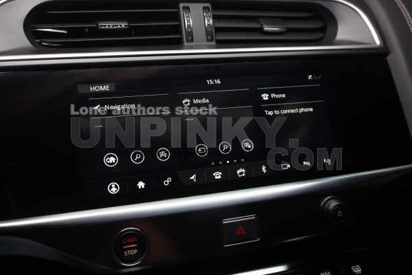 Modern car interior with dashboard and large monitor screen with free space