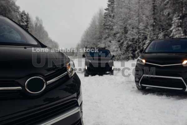 Group of vans go expedition at the snow forest